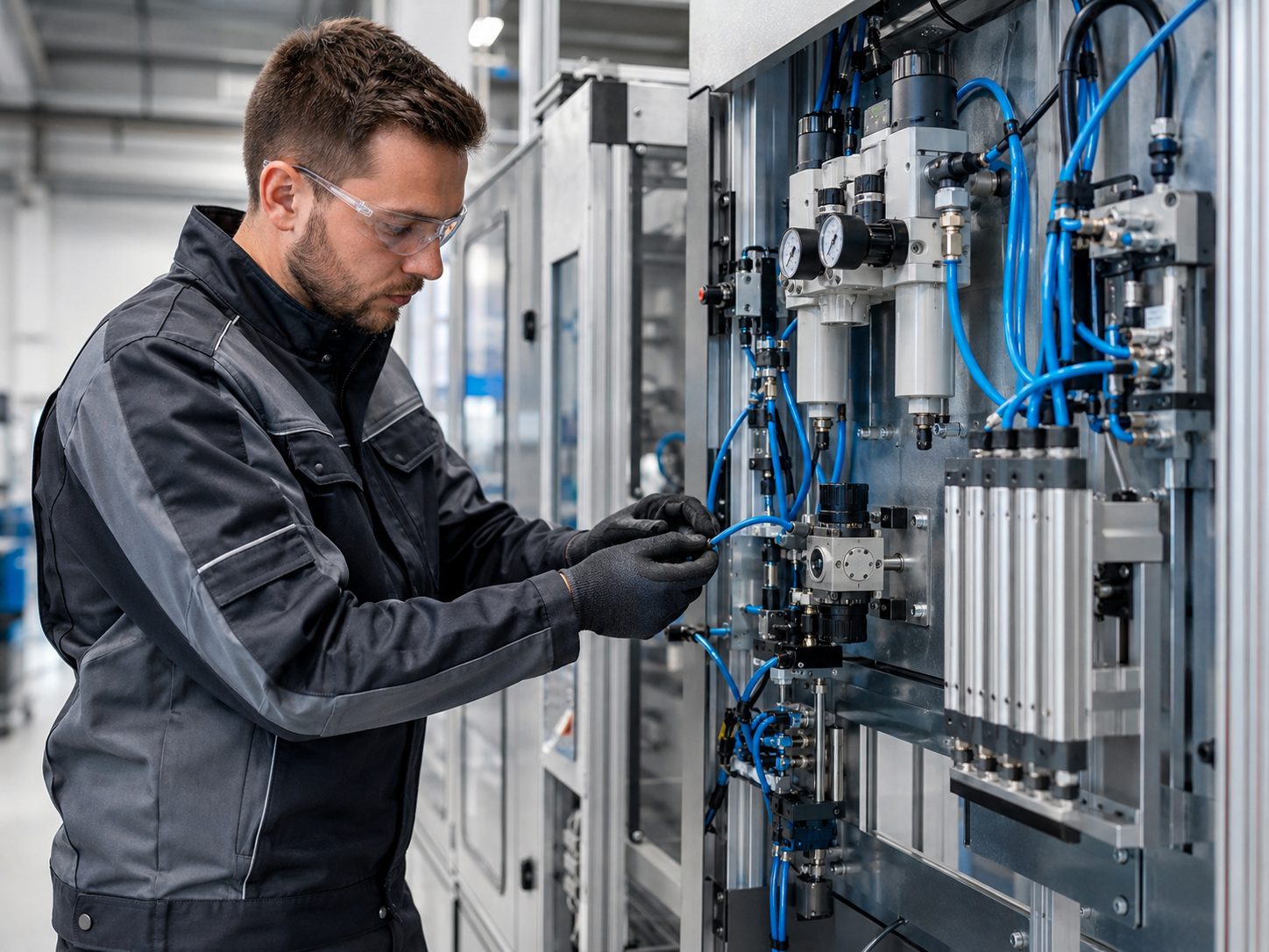 Techniker bei der Wartung einer Pneumatikanlage