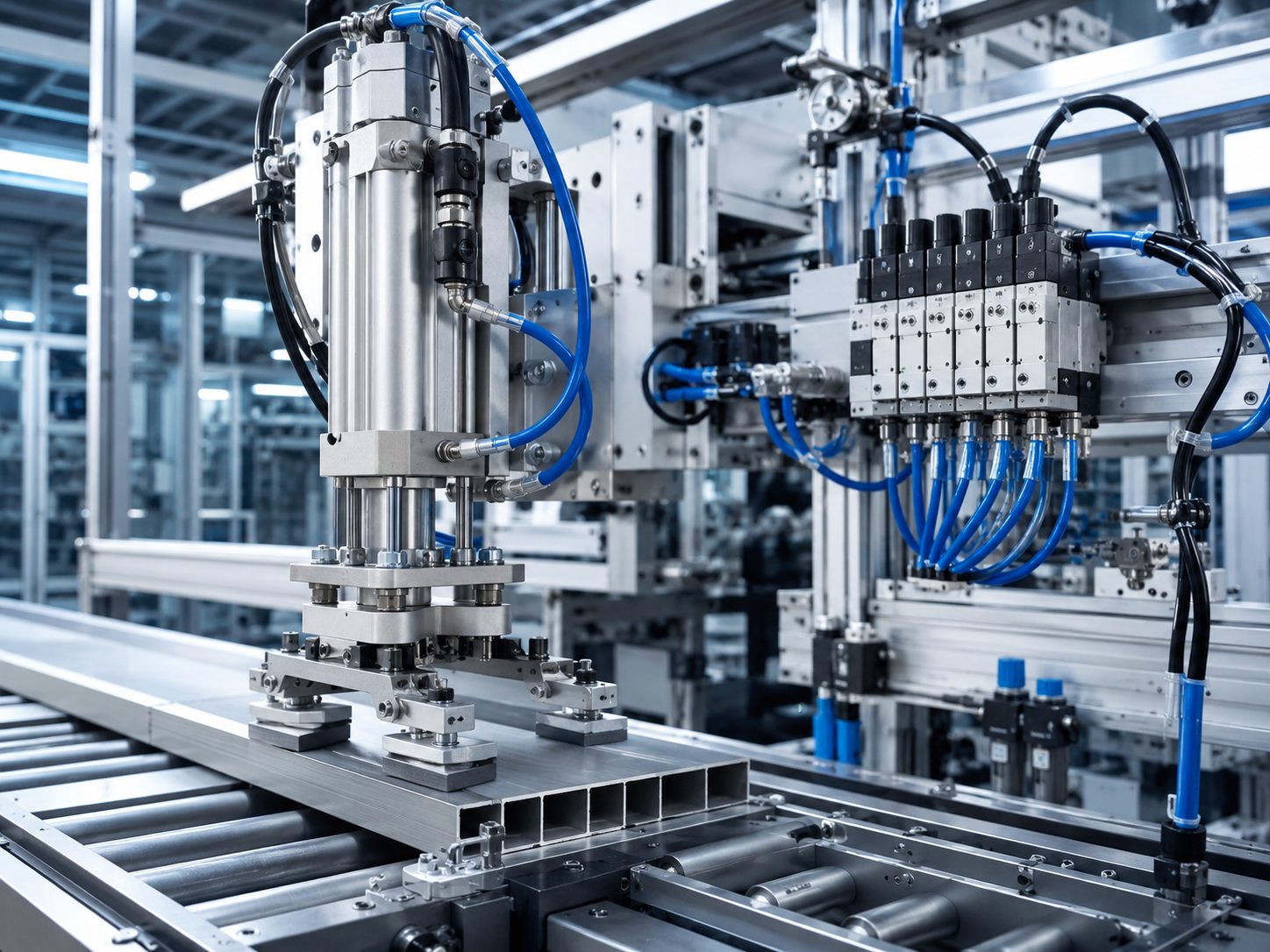 Pneumatikzylinder und Ventilinsel an einer Automatisierungsanlage