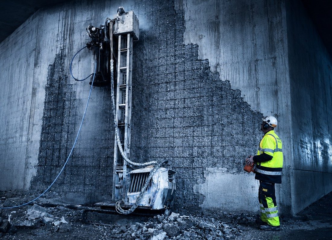 Ultra-High-Pressure-Wasserstrahlreinigung an einem Schiffsrumpf